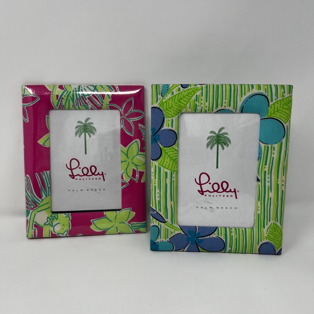 Lilly Pulitzer Fabric Picture Frames Set of 2 Pink Green Floral 4x6 Palm Beach